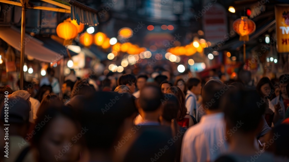 Cultural vibes on Yaowarat, Thailand night market road, bustling crowd, open space Cultural vibes on Yaowarat, Thailand night market road, bustling crowd, open space