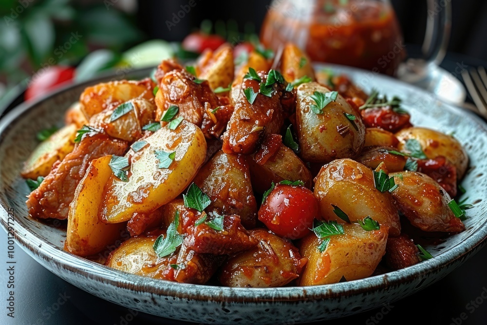 Delicious roasted potatoes and chicken stew served with fresh tomatoes and herbs Delicious roasted potatoes and chicken stew served with fresh tomatoes and herbs