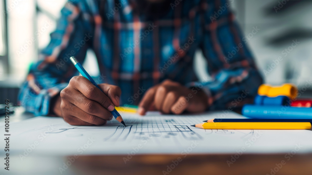 Close up of a person's hands drawing on a large sheet of paper with a blue pencil. A variety of colored pens lay on the table. The image is focused on the hands. Close up of a person's hands drawing on a large sheet of paper with a blue pencil. A variety of colored pens lay on the table. The image is focused on the hands.