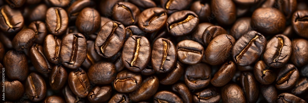 Obraz premium Close-up of roasted coffee beans with a golden brown hue.