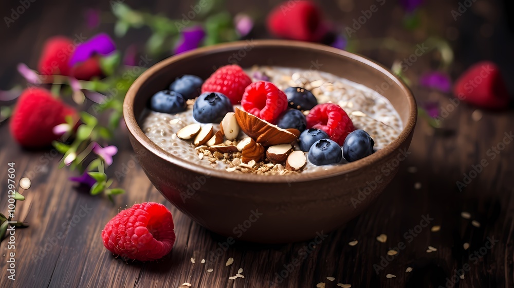 Creamy rice porridge topped with berries and mint in a rustic bowl. Creamy rice porridge topped with berries and mint in a rustic bowl.