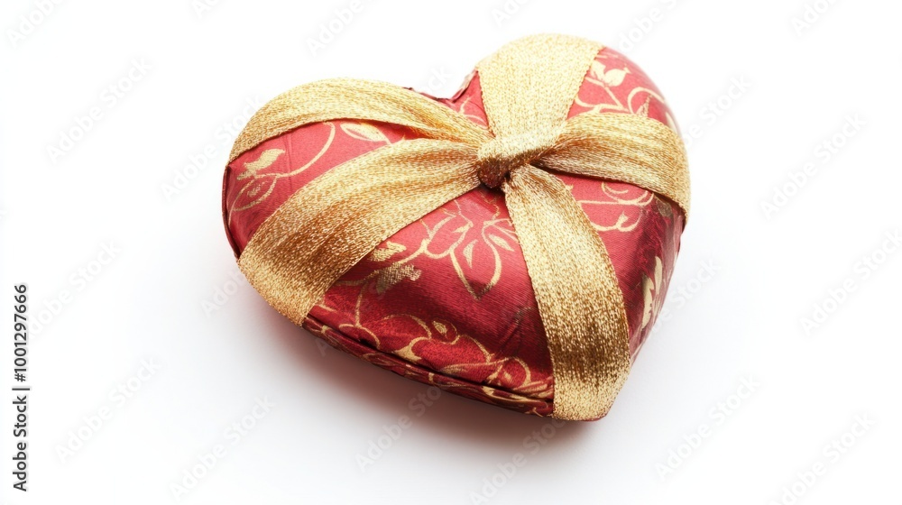 Heart-shaped Valentine present wrapped in red and gold paper, isolated on a white background for a romantic, festive look. Heart-shaped Valentine present wrapped in red and gold paper, isolated on a white background for a romantic, festive look.
