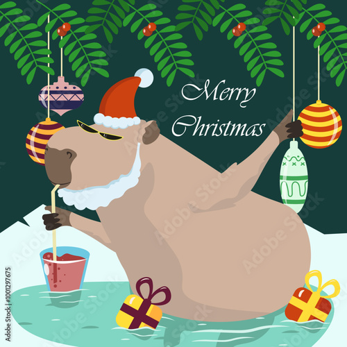Cute capybara resting in icy water in anticipation of the new year capybara postcard