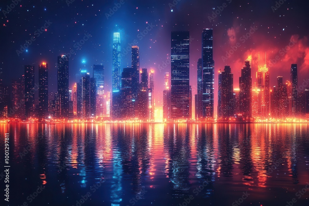 vibrant city skyline illuminated against the dark night sky with glowing lights reflecting off glass buildings creating a dazzling urban atmosphere filled with life vibrant city skyline illuminated against the dark night sky with glowing lights reflecting off glass buildings creating a dazzling urban atmosphere filled with life