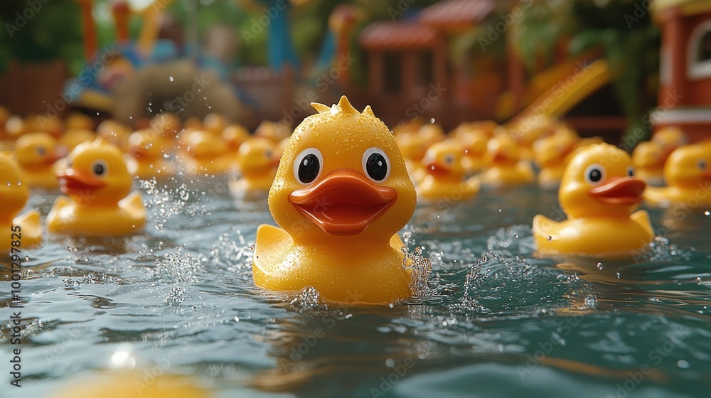 A playful scene of rubber ducks floating in a pool. A playful scene of rubber ducks floating in a pool.