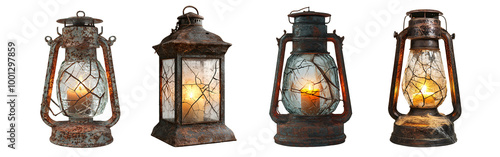 Eerie Rusted Lantern with Shattered Glass and Flickering Candlelight, Covered in Cobwebs Isolated on Transparent Background Halloween decoration concept