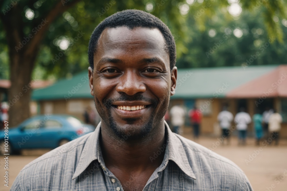 Close portrait of a smiling 40s Togolese man looking at the camera, Togolese outdoors blurred background Close portrait of a smiling 40s Togolese man looking at the camera, Togolese outdoors blurred background