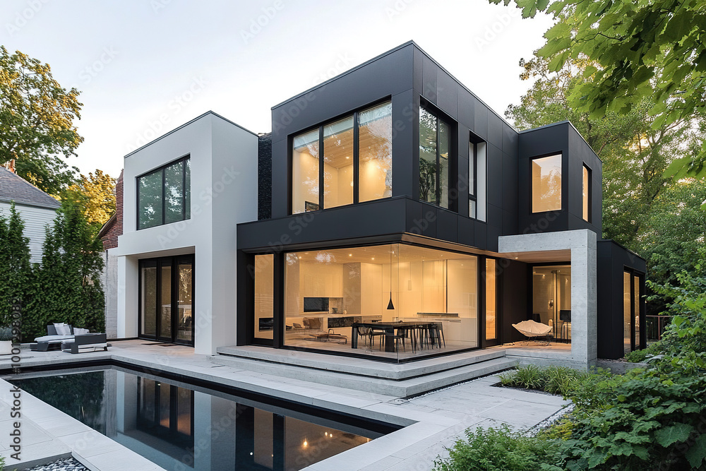 A sleek, modern house with black and white accents, featuring large windows that reveal an open-plan interior, nestled in the bustling city of Montreal during the summer. A sleek, modern house with black and white accents, featuring large windows that reveal an open-plan interior, nestled in the bustling city of Montreal during the summer.