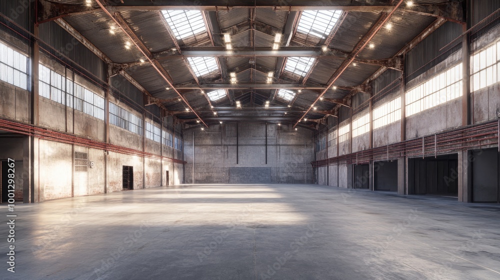 Expansive warehouse hall with towering ceilings, a blank canvas studio space featuring smooth concrete floors and an abundance of ambient light from high windows Expansive warehouse hall with towering ceilings, a blank canvas studio space featuring smooth concrete floors and an abundance of ambient light from high windows
