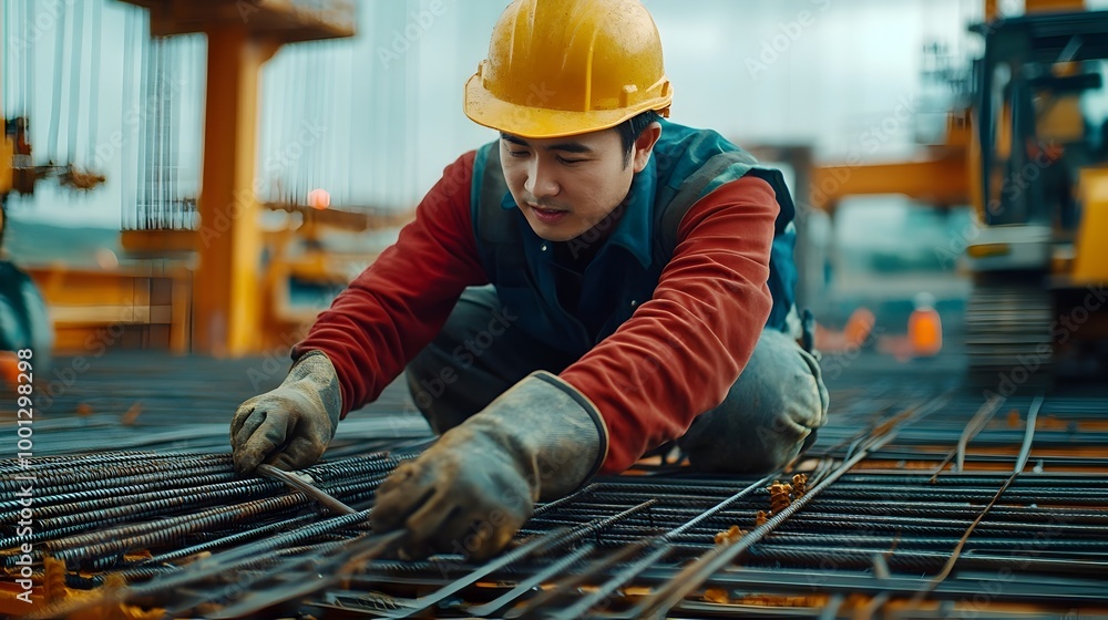 Construction Worker Building Steel Reinforcement on Construction Site Construction Worker Building Steel Reinforcement on Construction Site