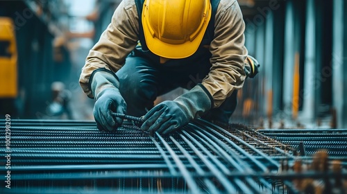 Construction worker in industrial environment assembling steel pipework