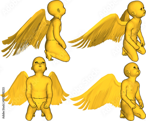 Vector sketch illustration silhouette design of classic vintage ethnic statue of little angel child with wings lamenting fate