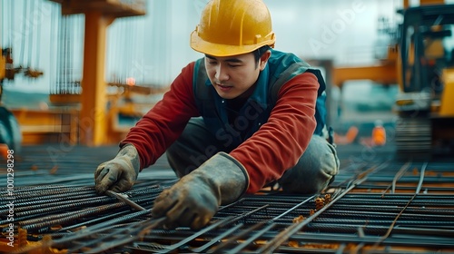 Construction Worker Building Steel Reinforcement on Construction Site