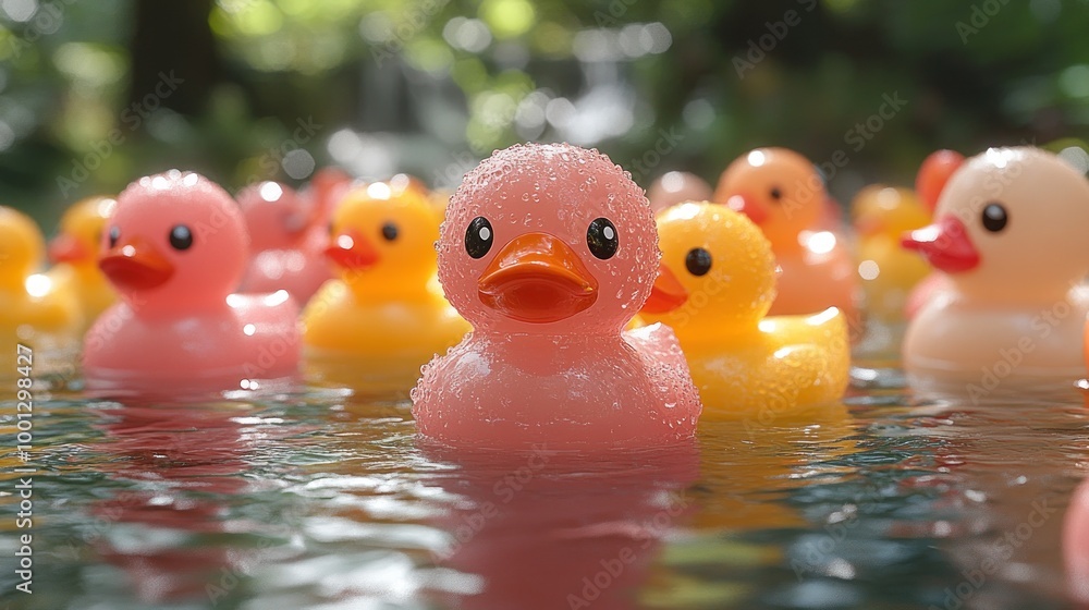 A group of colorful rubber ducks floating in a tranquil setting. A group of colorful rubber ducks floating in a tranquil setting.