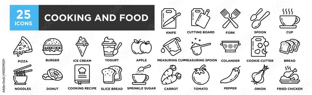 Cooking and Food icon collection set. Containing design kitchen, meal, cook, healthy, fresh, cuisine, culinary Cooking and Food icon collection set. Containing design kitchen, meal, cook, healthy, fresh, cuisine, culinary