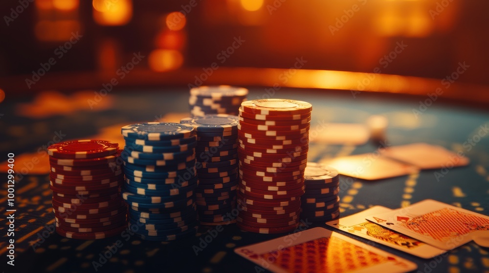 Exciting evening at a casino table with colorful poker chips and playing cards during a lively game night. Generative AI Exciting evening at a casino table with colorful poker chips and playing cards during a lively game night. Generative AI