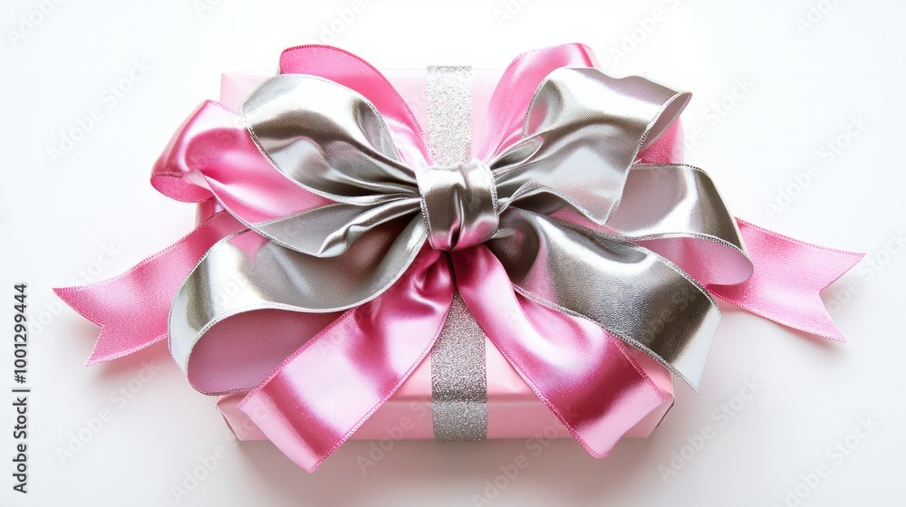 Romantic pink and silver Valentine present with a large ribbon bow, isolated on a bright white background. Romantic pink and silver Valentine present with a large ribbon bow, isolated on a bright white background.