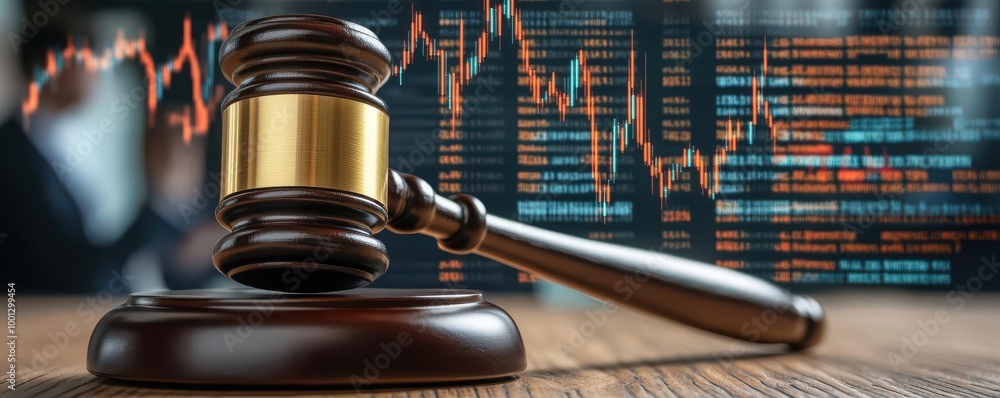 A courtroom gavel and a digital contract superimposed on a corporate stock ticker, symbolizing the intersection of law and finance MA legal ruling, concept judicial decision A courtroom gavel and a digital contract superimposed on a corporate stock ticker, symbolizing the intersection of law and finance MA legal ruling, concept judicial decision