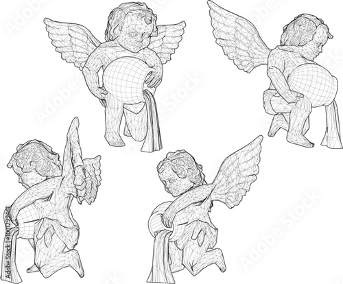 Vector sketch illustration silhouette design of classic vintage ethnic statue of little angel child with wings pouring water