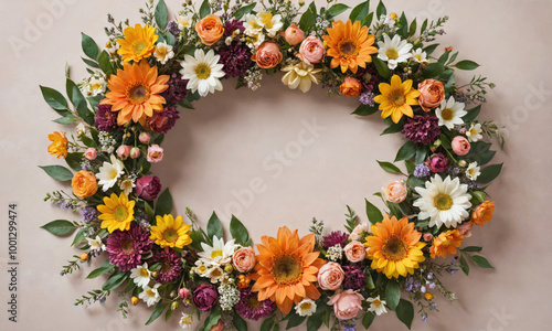 Wallpaper Mural A colorful flower wreath with a variety of blooms, including sunflowers, daisies, and roses, sits on a light pink surface Torontodigital.ca