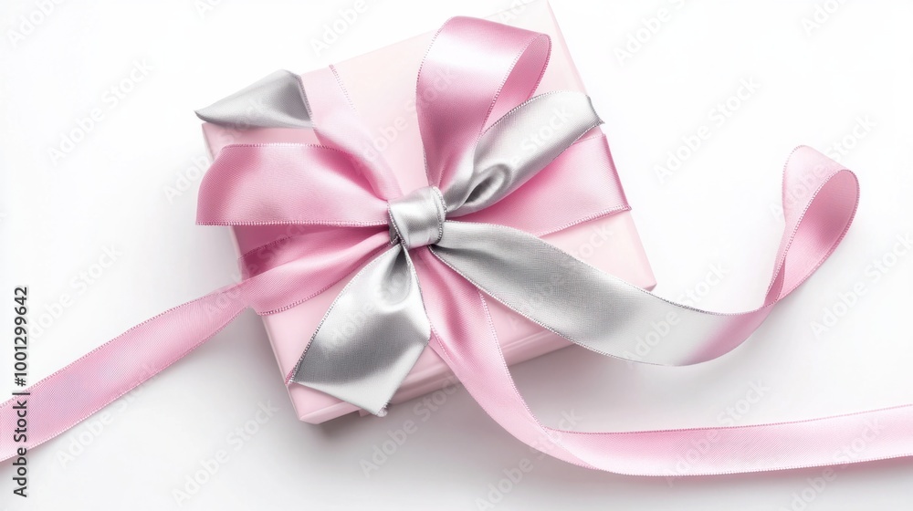 Romantic pink and silver Valentine present with a large ribbon bow, isolated on a bright white background. Romantic pink and silver Valentine present with a large ribbon bow, isolated on a bright white background.