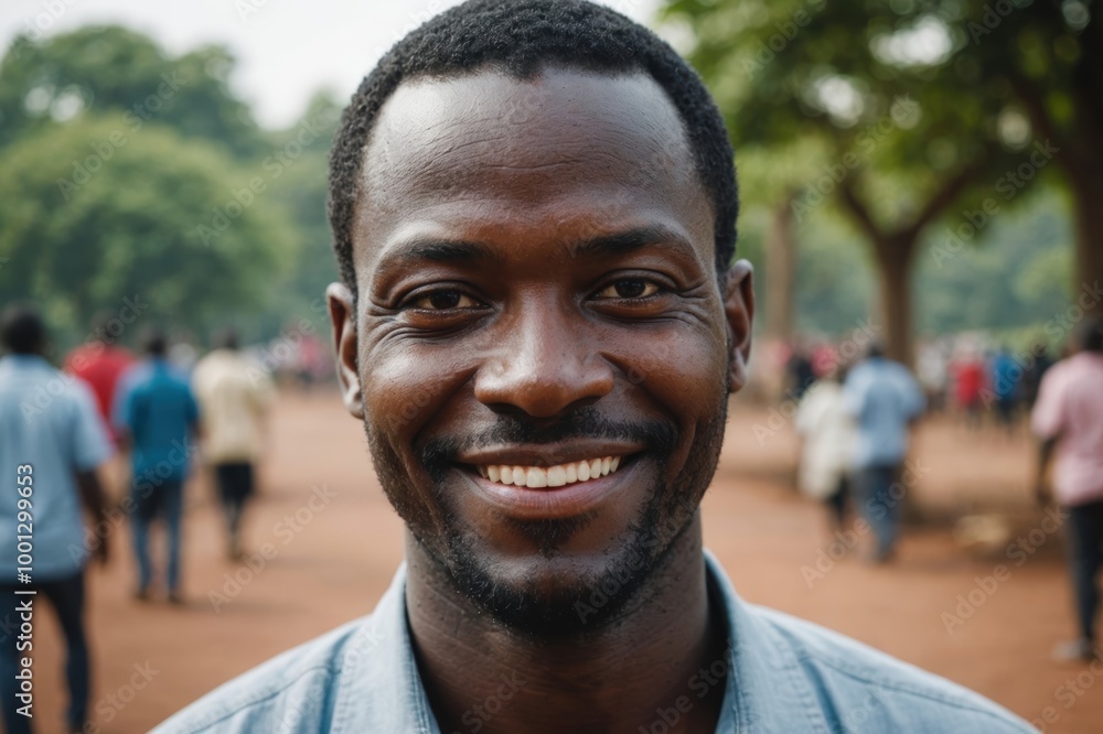 Close portrait of a smiling 40s Ugandan man looking at the camera, Ugandan outdoors blurred background Close portrait of a smiling 40s Ugandan man looking at the camera, Ugandan outdoors blurred background