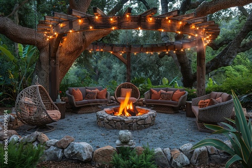 A fire pit surrounded by a patio with a large tree in the background photo