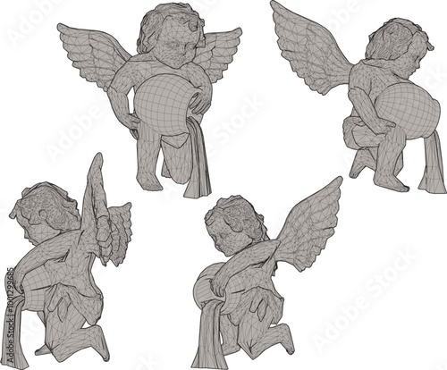 Vector sketch illustration silhouette design of classic vintage ethnic statue of little angel child with wings pouring water