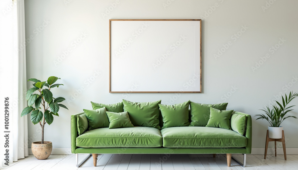 A living room interior mockup featuring a green velvet sofa in front of a large square picture frame on a light green wall. A living room interior mockup featuring a green velvet sofa in front of a large square picture frame on a light green wall.