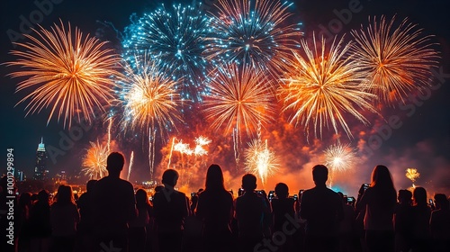 Vibrant Fireworks Display Lighting Up the Nighttime Urban Landscape During a Festive