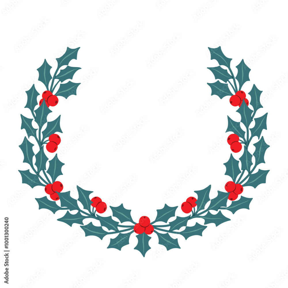 Holly Wreath with Leaves and Red Berries for Winter Holiday Graphic Design, Greeting Card, Invitation, Postcard Holly Wreath with Leaves and Red Berries for Winter Holiday Graphic Design, Greeting Card, Invitation, Postcard