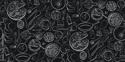 Blackboard Chalkboard Baking Seamless Vector Pattern with Cooking Ingredients