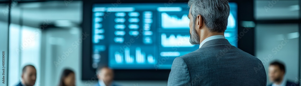 A business meeting with a speaker presenting data on a screen to an attentive audience in a modern conference room. A business meeting with a speaker presenting data on a screen to an attentive audience in a modern conference room.