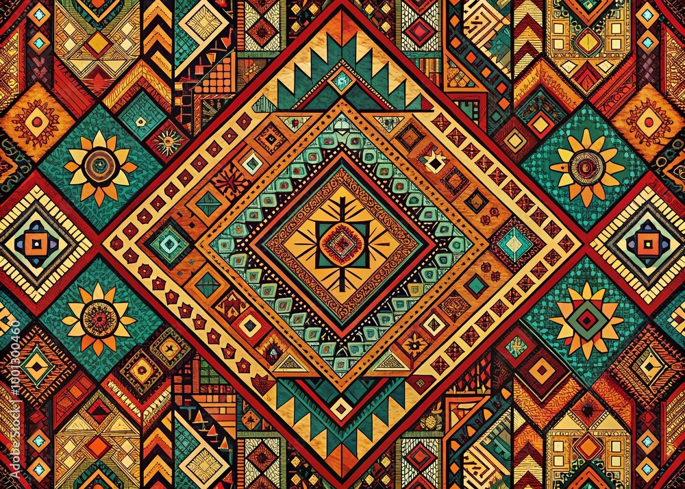 Vibrant, intricately patterned tribal-inspired background featuring earthy tones, geometric shapes, and organic Vibrant, intricately patterned tribal-inspired background featuring earthy tones, geometric shapes, and organic
