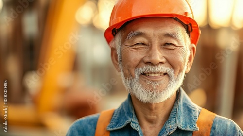 Smiling elderly Asian construction worker wearing a safety helmet at a worksite