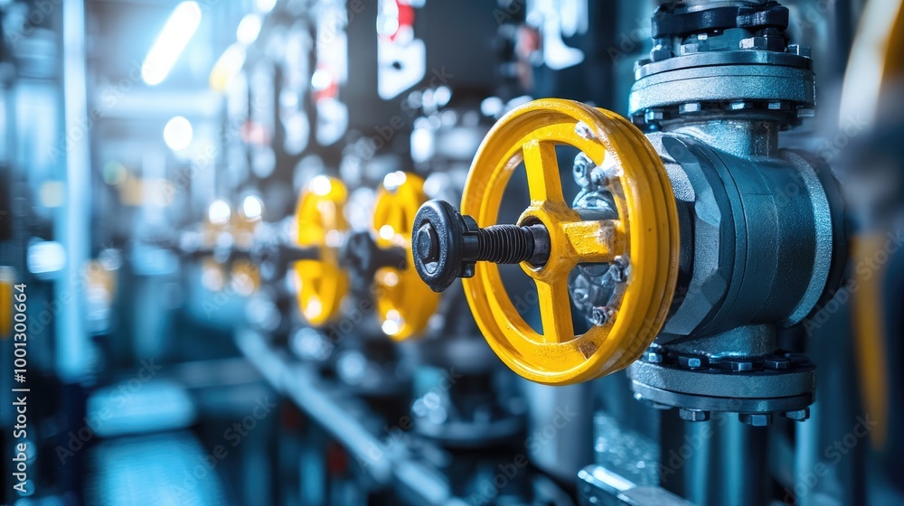 Industrial valves and pipeline system in a power plant control room, with precise controls and a sense of technical efficiency. Industrial valves and pipeline system in a power plant control room, with precise controls and a sense of technical efficiency.