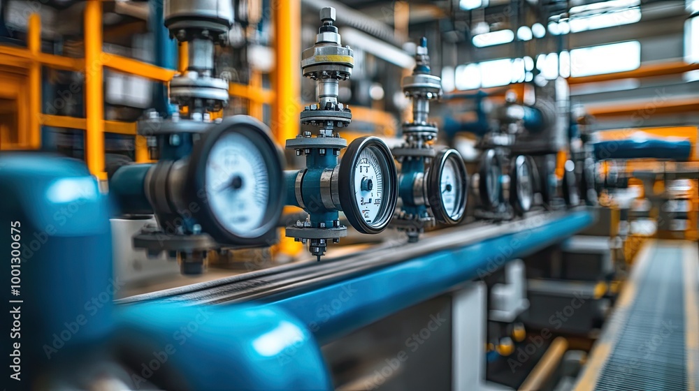 Industrial control room with pipelines and valves, meticulously arranged in a modern power plant environment. Industrial control room with pipelines and valves, meticulously arranged in a modern power plant environment.
