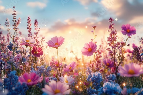 vibrant flower meadow illuminated by warm sunbeams with colorful wildflowers under a clear blue sky and soft bokeh lights creating a cheerful and inviting summer greeting card