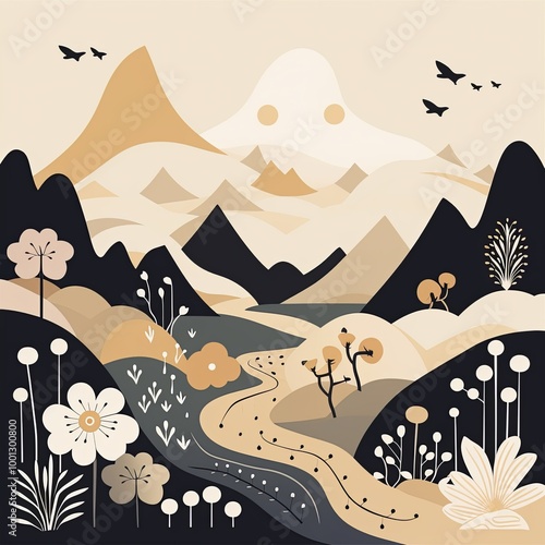 Nordic folk art inspired poster with mountain landscape and flowers. photo