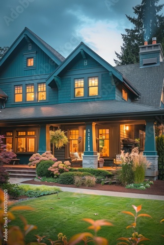 Dark teal Craftsman-style home with wide eaves, a welcoming porch, and a vibrant front yard.