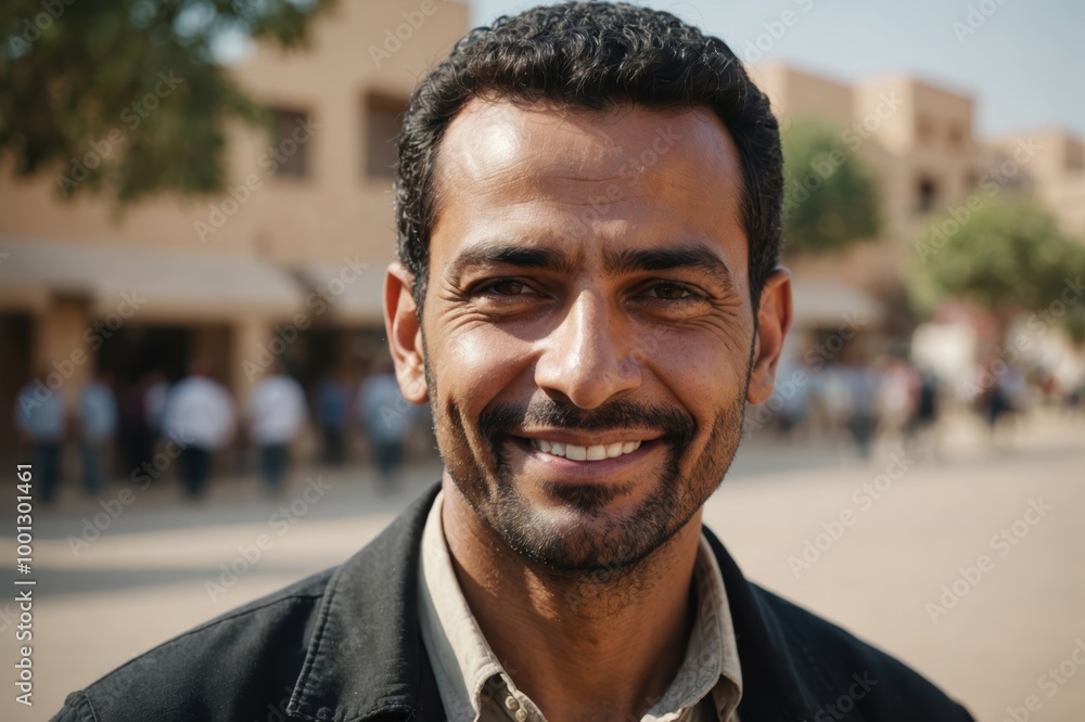 Close portrait of a smiling 40s Yemeni man looking at the camera, Yemeni outdoors blurred background Close portrait of a smiling 40s Yemeni man looking at the camera, Yemeni outdoors blurred background