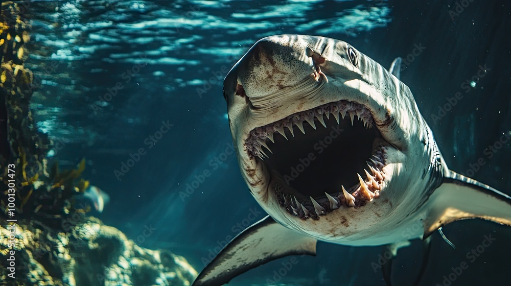Fototapeta premium Looking up at a shark from the ocean floor, its wide, toothy mouth open in a threatening display,