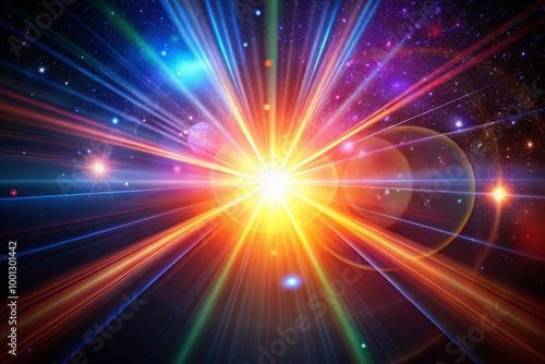 Vibrant lens flare radiates from the center, casting a kaleidoscope of colors on a dark, velvety black background,