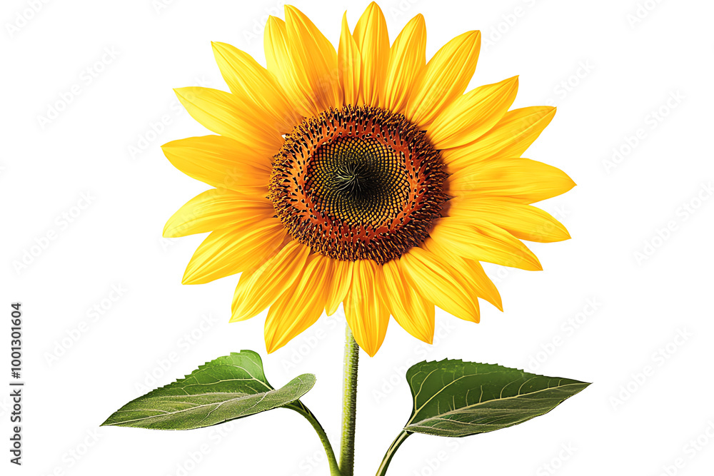 Obraz premium Bright sunflower with green leaves. isolate transparent background