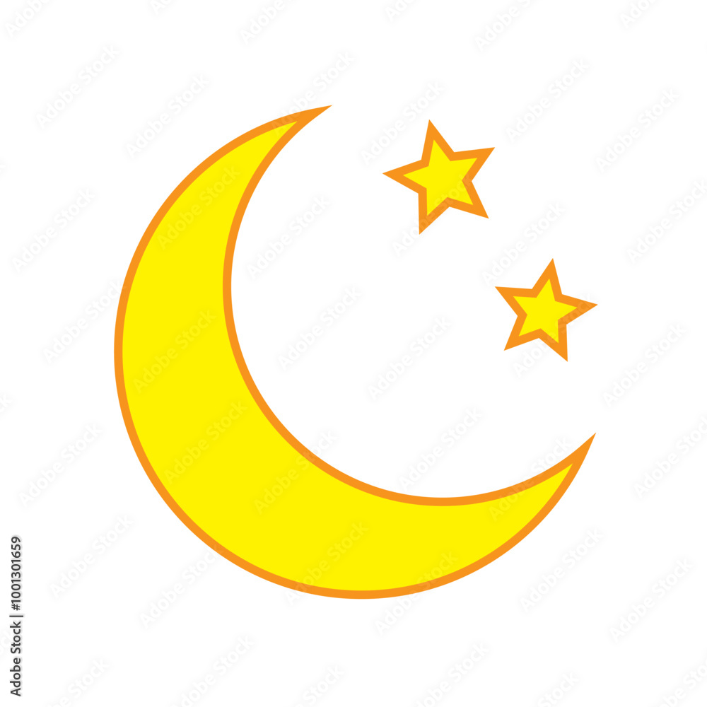 Yellow crescent moon with stars icon on white background. Night icon. Crescent moon icon. Yellow crescent moon with stars icon on white background. Night icon. Crescent moon icon.