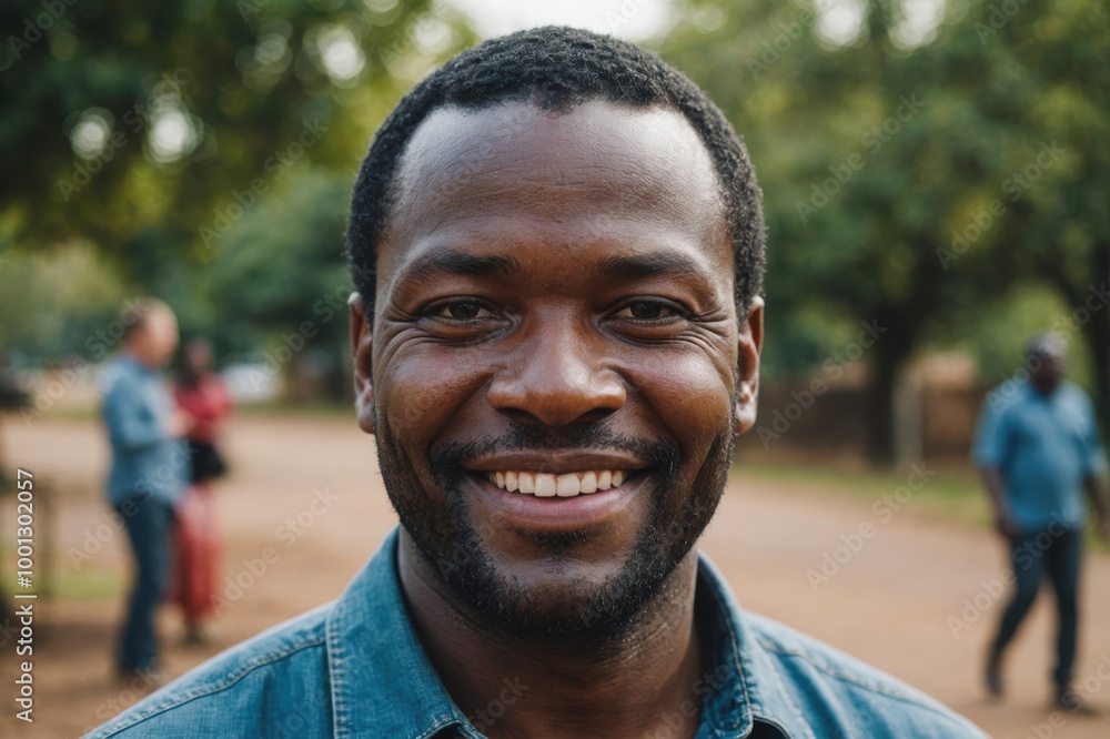 Close portrait of a smiling 40s Zimbabwean man looking at the camera, Zimbabwean outdoors blurred background Close portrait of a smiling 40s Zimbabwean man looking at the camera, Zimbabwean outdoors blurred background