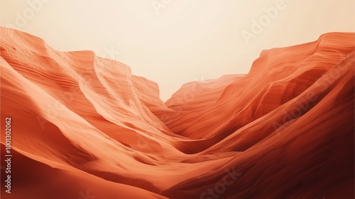 A serene desert landscape featuring undulating red sand dunes under soft lighting, creating a warm, tranquil atmosphere.