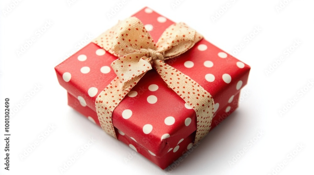 Small red Valentine gift wrapped in polka dot paper with a decorative ribbon, isolated on a bright white background. Small red Valentine gift wrapped in polka dot paper with a decorative ribbon, isolated on a bright white background.