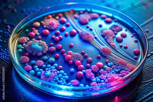 Vibrant micrographic image of Escherichia coli bacteria colonies growing on a petri dish agar, showcasing intricate