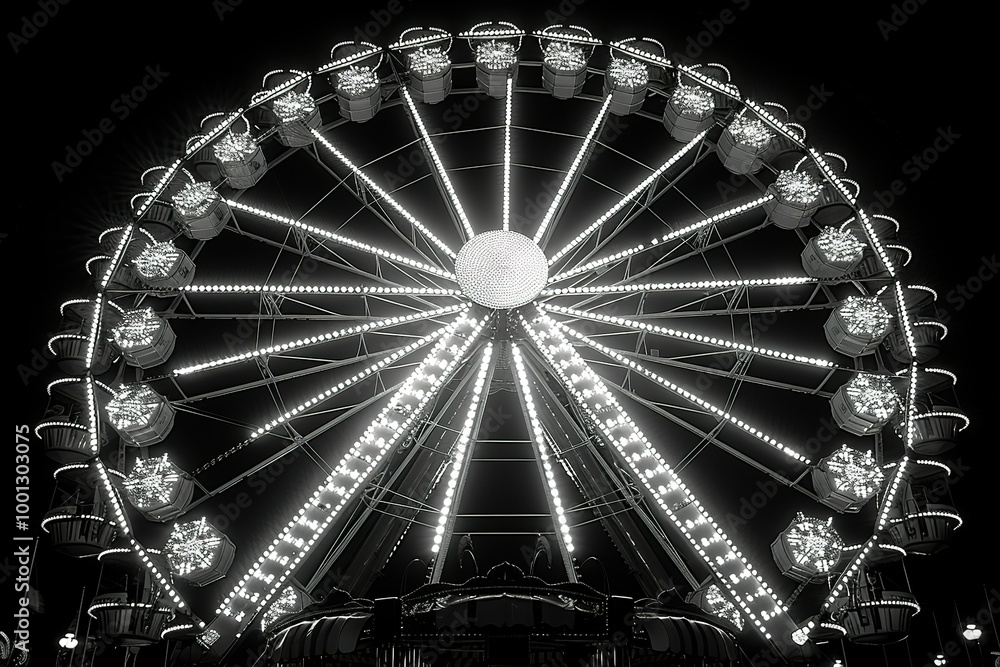 A large, illuminated merry go round with a black and white filter A large, illuminated merry go round with a black and white filter